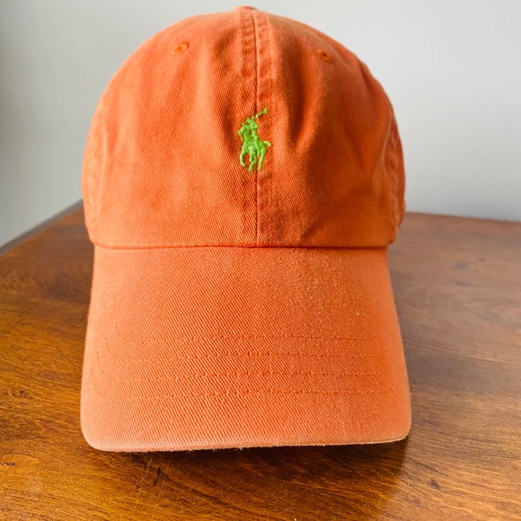 Polo Ralph Lauren Orange Baseball Cap Hat Green Pony Logo Leather Strap - Picture 1 of 5